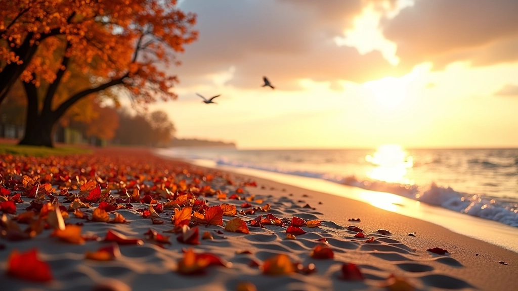 Jesienne liście nad morzem, pusta plaża, zachód słońca