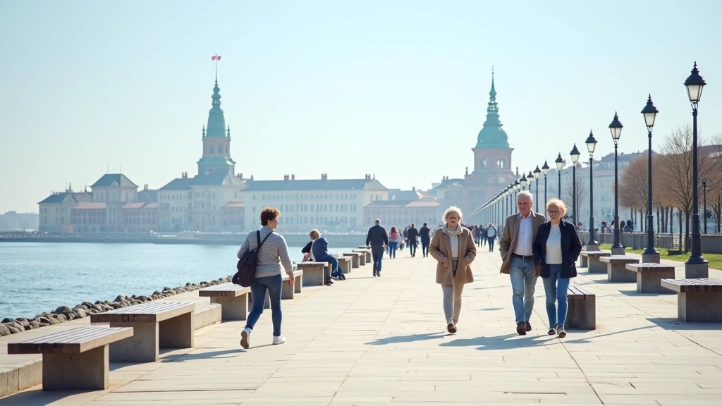Historyczna promenada gdańska z budynkami w tle i wieloma osobami spaceującymi