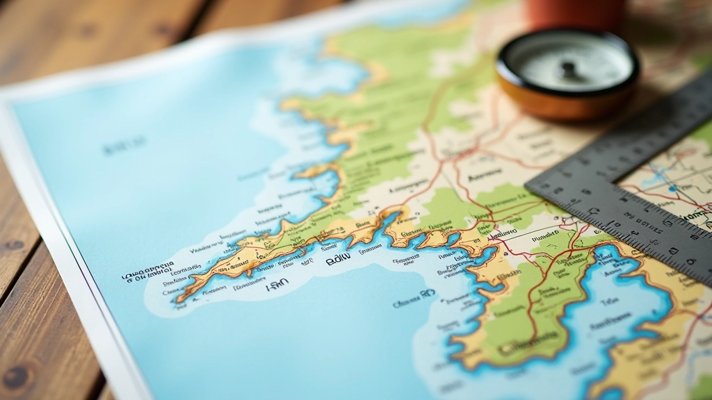 Zbliżenie na topograficzną mapę z wyraźnymi konturami wydm i linią brzegu, kompas i linijka